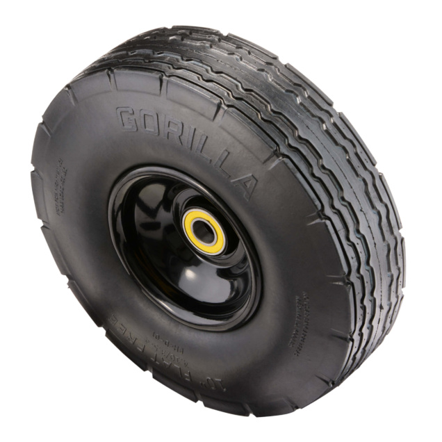 Black Gorilla replacement tire with tread pattern and yellow center.
