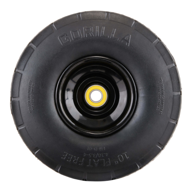 Black tire with "GORILLA" and "10" FLAT FREE" text, heavy-duty design.