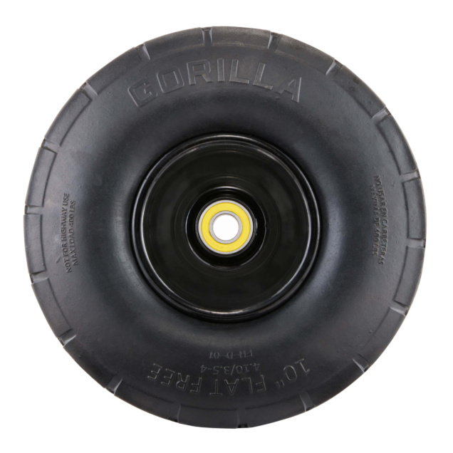 Black Gorilla tire with text: "10" Flat Free A/10-3.5-4", "NOT FOR HIGHWAY USE".