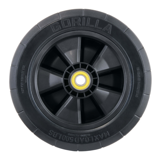 Black Gorilla wheel with yellow hub, text: "NOT FOR HIGHWAY USE, MAX LOAD 500 LBS."