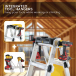Gorilla Ladders with integrated tool hangers in use, featuring drills.