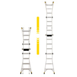 Silver telescopic ladder, Gorilla Made GMPXT 19B, extended and collapsed views.
