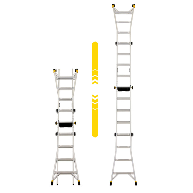 Silver telescopic ladder, Gorilla Made GMPXT 19B, extended and collapsed views.