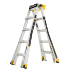 Silver Gorilla Ladders multi-position ladder with yellow accents, featuring "19 ft" and "375 lbs" labels.
