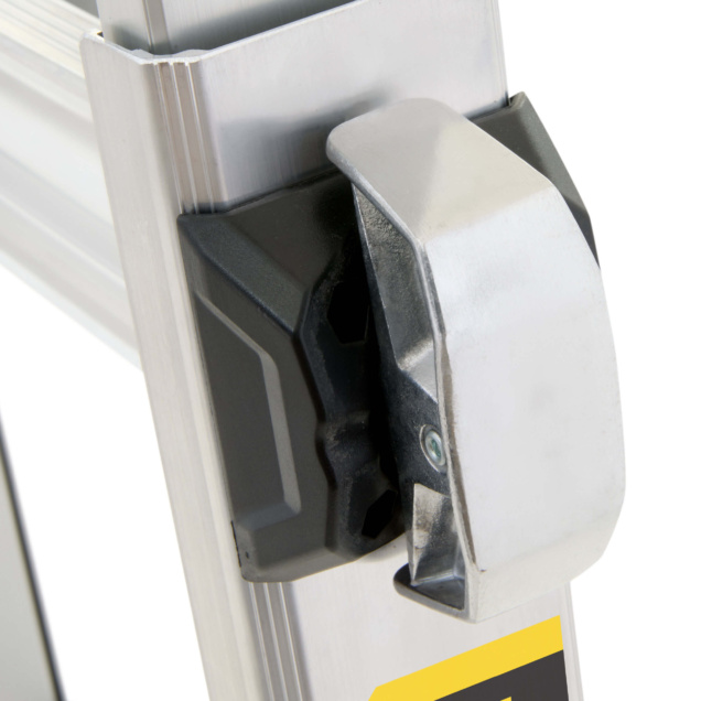 Close-up of a Gorilla Made ladder lock mechanism in silver and black.