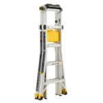 Gorilla Ladders 19' ladder, silver with yellow accents, folded for compact storage.