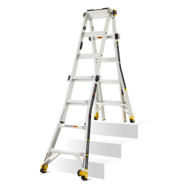 Aluminum multi-position ladder with yellow accents, labeled "GORILLA MADE".