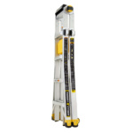 Gorilla Ladders 19 ft. ladder, silver with yellow accents, featuring safety instructions.