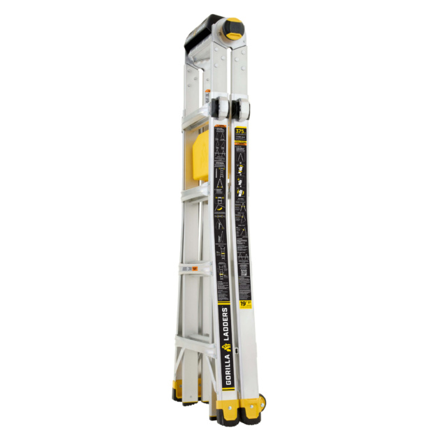 Gorilla Ladders 19 ft. ladder, silver with yellow accents, featuring safety instructions.