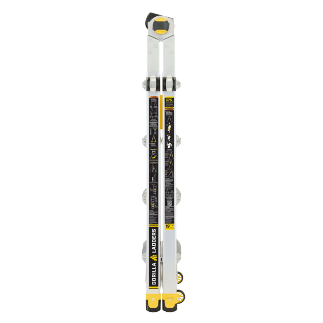 Gorilla Ladders GMPXT 19B, silver and yellow, folded with instructions visible.