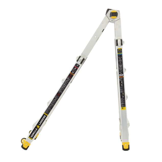 Gorilla Ladders adjustable ladder with yellow base, text: "GORILLA LADDERS".