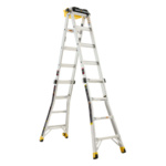 Silver multi-purpose ladder with yellow accents, branded "Gorilla Ladders."