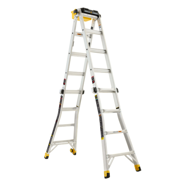 Silver multi-purpose ladder with yellow accents, branded "Gorilla Ladders."
