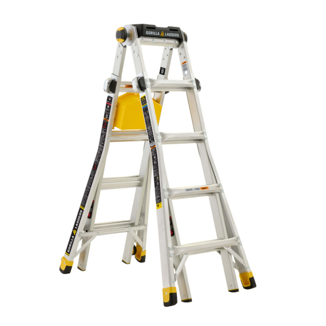 Silver Gorilla Ladders ladder with yellow accents and tray, featuring black text.