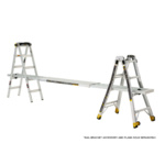 Aluminum ladder setup with detachable plank. Text: "RAIL BRACKET ACCESSORY AND PLANK SOLD SEPARATELY".