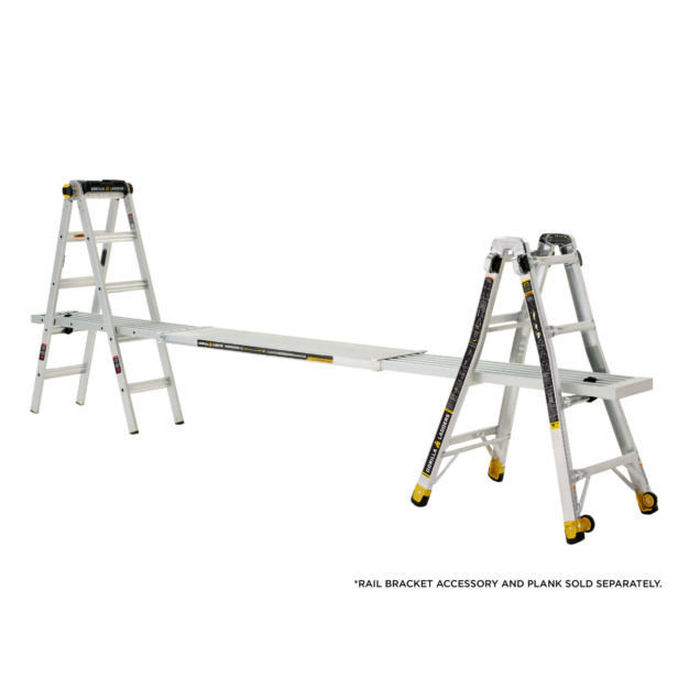 Aluminum ladder setup with detachable plank. Text: "RAIL BRACKET ACCESSORY AND PLANK SOLD SEPARATELY".
