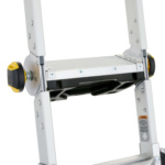 Aluminum ladder hinge with yellow and black adjuster, featuring safety warning label.