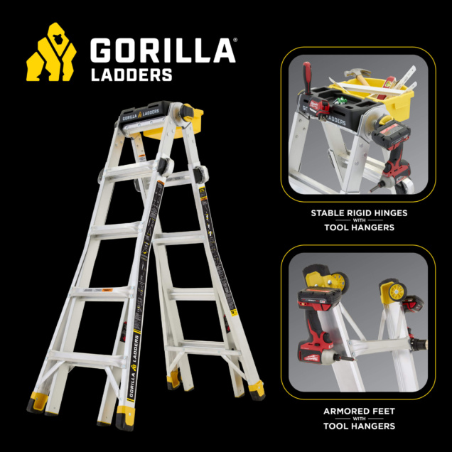Gorilla Ladders with stable rigid hinges and armored feet. Tool hangers included.
