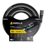 Gorilla 130 ft hose, black and grey, labeled "ENGINEERED ULTIMATE FLEXIBILITY."