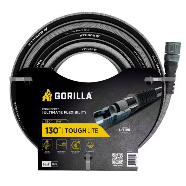 Gorilla 130 ft hose, black and grey, labeled "ENGINEERED ULTIMATE FLEXIBILITY."