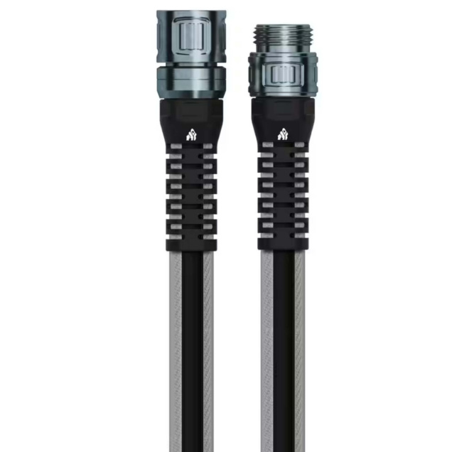 Gray and black garden hose with metal connectors, featured on Gorilla Made product site.