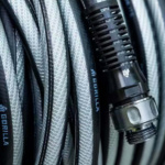 Close-up of a durable Gorilla Made garden hose with textured surface design.