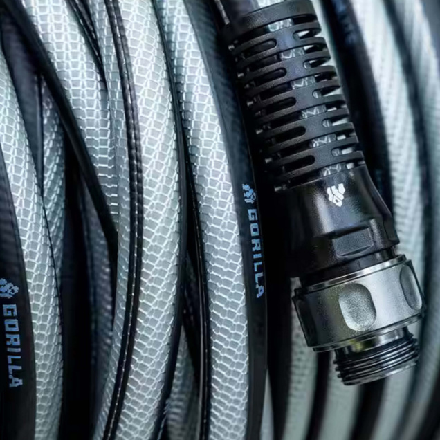 Close-up of a durable Gorilla Made garden hose with textured surface design.