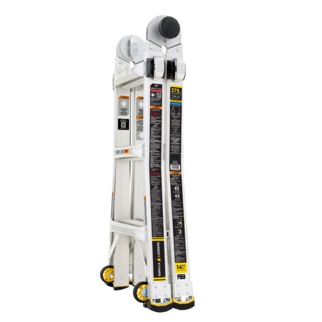 Heavy-duty Gorilla ladder, 14 ft high, folded, with safety labels and yellow accents.