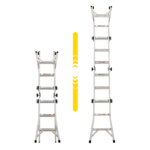 Adjustable silver ladder showcasing compact and extended forms. Yellow arrows centered.