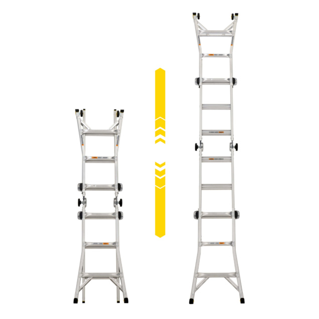 Adjustable silver ladder showcasing compact and extended forms. Yellow arrows centered.