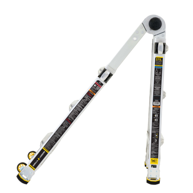 Gorilla Ladders adjustable ladder in gray, 14 feet, Type 1AA, with safety labels visible.