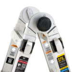 Heavy-duty Gorilla Made ladder with 375 lb load capacity. Safety labels visible.