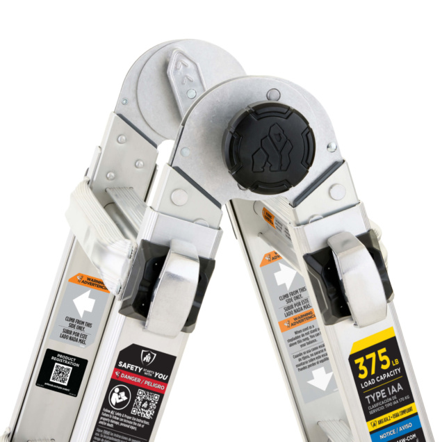 Heavy-duty Gorilla Made ladder with 375 lb load capacity. Safety labels visible.