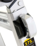 Close-up of ladder hinge showing "375 LB LOAD CAPACITY" label, silver and black details.