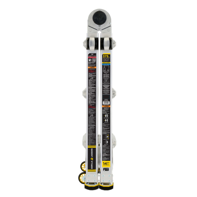 Gray and yellow Gorilla ladder, folded, 14 feet high, 375 lb capacity, safety labels visible.