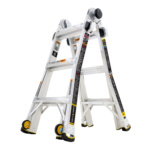 Heavy-duty white ladder with wheels, featuring Gorilla Made branding and safety labels.