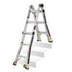 Heavy-duty Gorilla Made ladder on stairs, silver with safety labels, GMPX 14W COM.