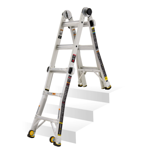 Heavy-duty Gorilla Made ladder on stairs, silver with safety labels, GMPX 14W COM.