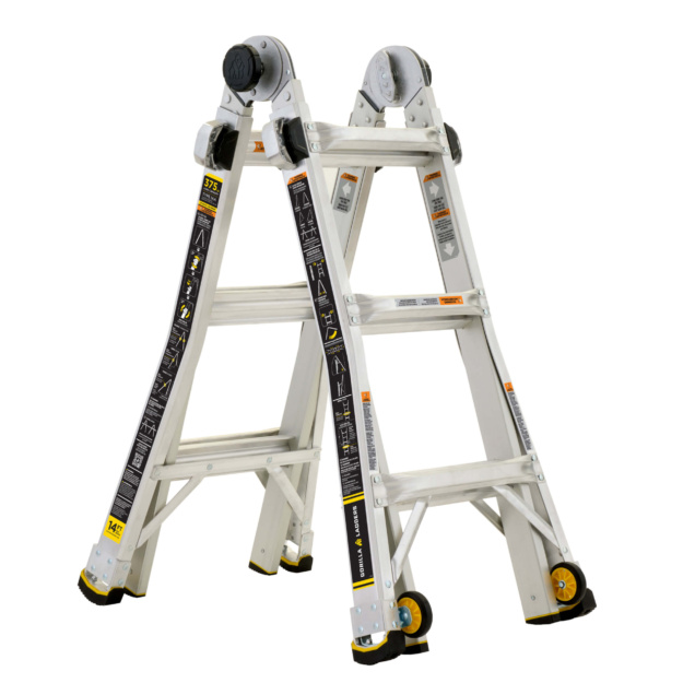 GMPX 14W ladder, white with black and yellow details, 375 lbs max load.