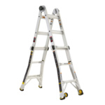 White, multi-purpose ladder with black and yellow accents, featuring wheels for mobility.