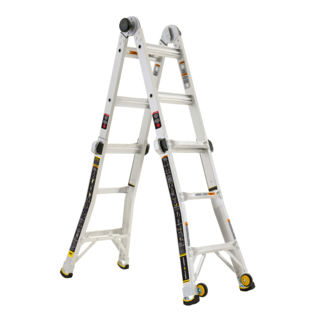 White, multi-purpose ladder with black and yellow accents, featuring wheels for mobility.