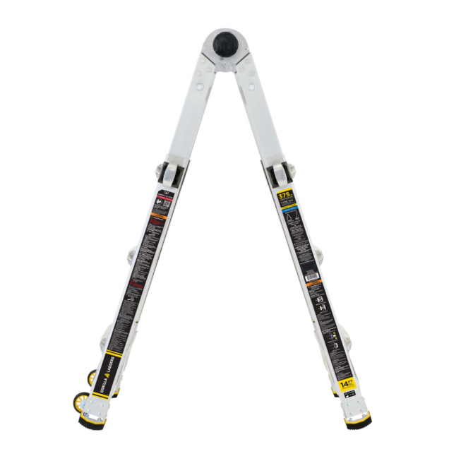 GMPX 14W Ladder, white with safety labels, 375 lbs capacity, 14 ft high.