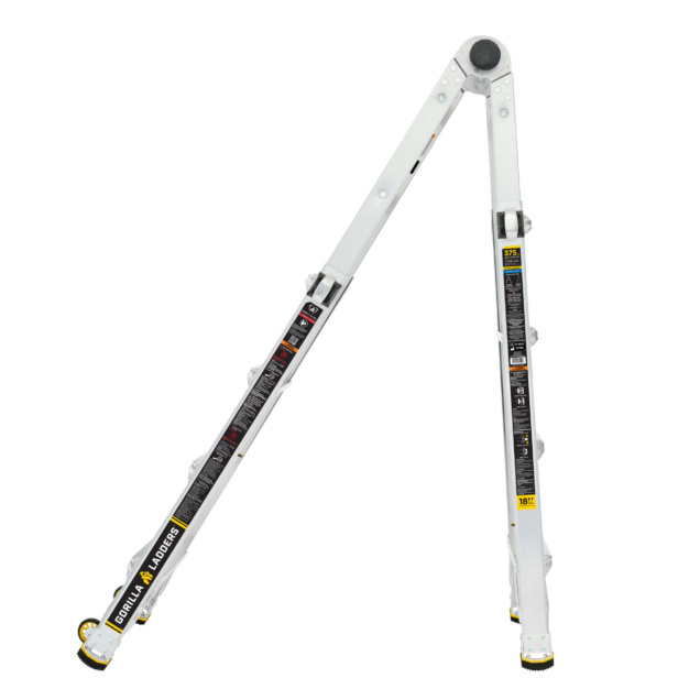White Gorilla ladder with black safety labels, adjustable for utility tasks.