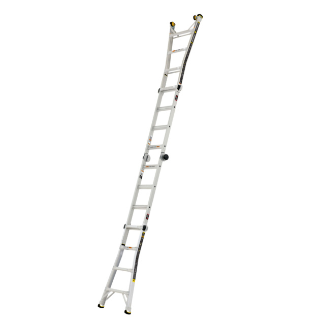 Gorilla Made GMPX heavy-duty extension ladder, silver, shown at full height.