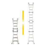 Gorilla Made telescopic ladder, compact and fully extended, with yellow arrows.
