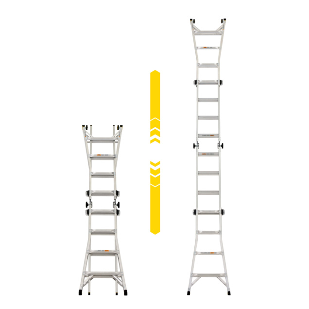 Gorilla Made telescopic ladder, compact and fully extended, with yellow arrows.