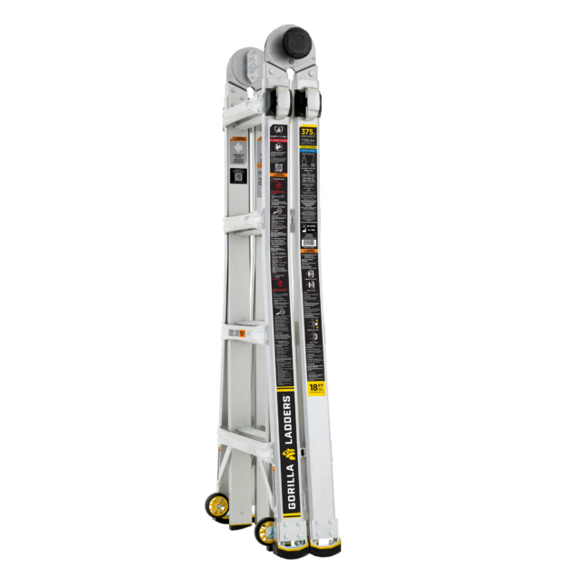 Silver folding ladder with yellow wheels, text reads "GORILLA LADDERS 18 ft".