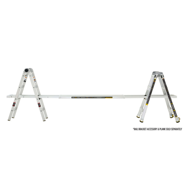 White Gorilla Made multi-use ladder system, "Rail Bracket Accessory & Plank Sold Separately."