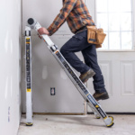 Gorilla Ladders multi-position ladder in use, showing height adjustments and safety info.