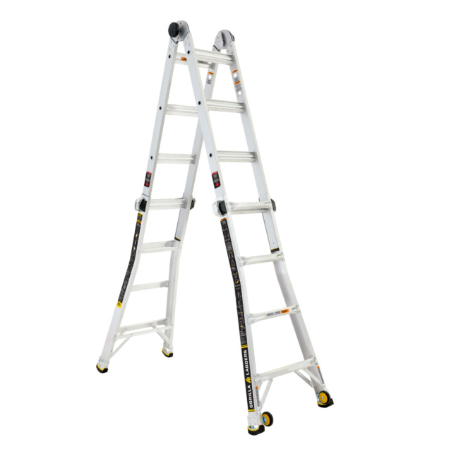 White Gorilla Made multi-position ladder, extended position, six steps visible.